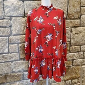 ASOS Mini Dress Size 6 Red Floral Print Ruffle Long Sleeve Mock Collar